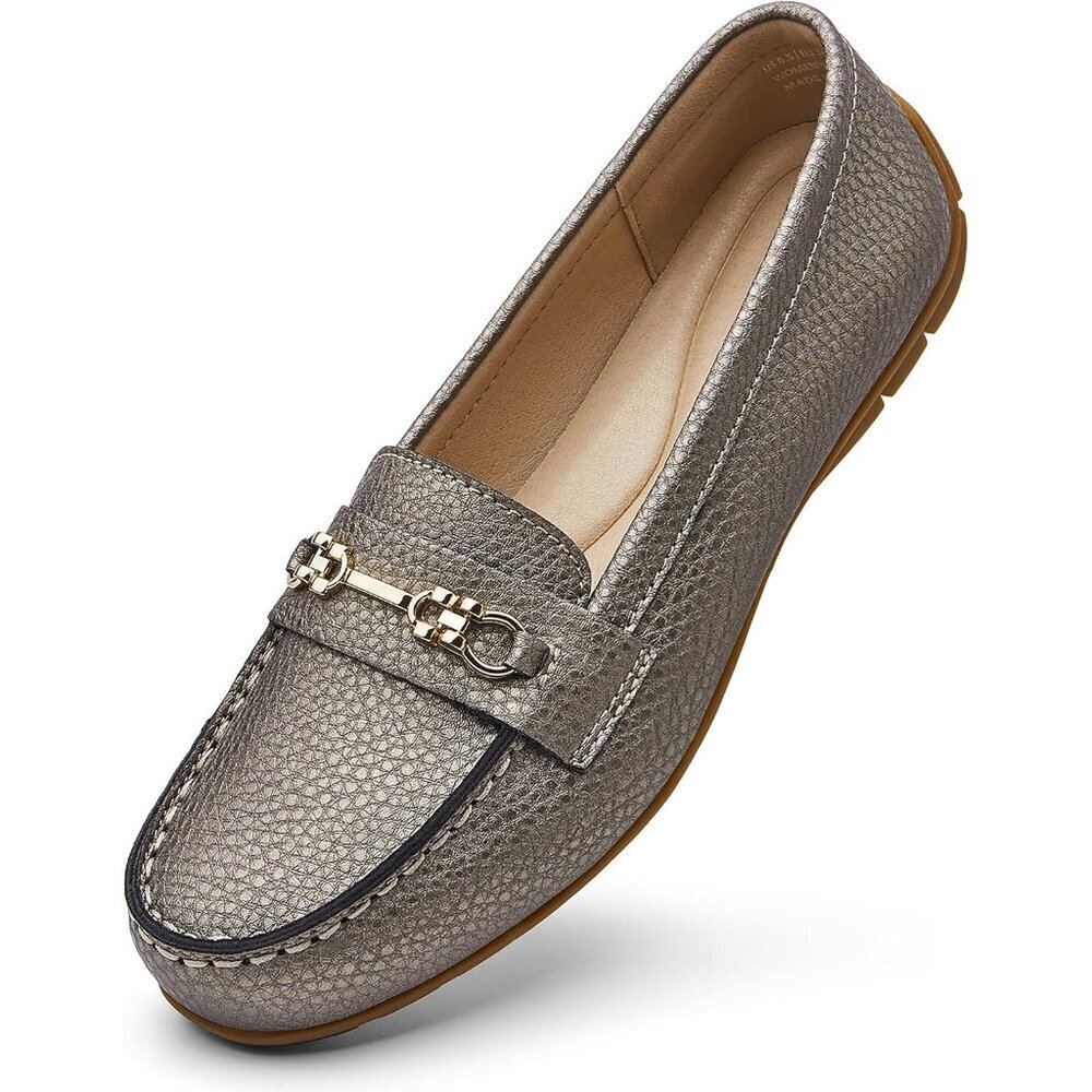 Kordal Women's MetallicLeather Gold Accent Buckle Slip-Ons Walking Flats Loafers